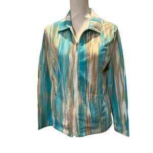 Links Zipper Front Golf Jacket Teal Green White Stretch Size Medium